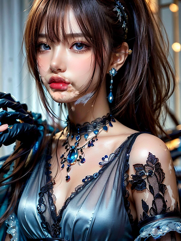(Skin dents:1.5), Realistic, Realistic, (masterpiece:1.5), Concept Art, Intricate details, Very detailed, Realistic, Octane Rendering, 8k, Unreal Engine, Dynamic pose, Highest quality, High resolution, (Realistic Face:1.1), (超Realistic:1.1), ((full_body)), Perfect Eyes,(Shiny skin:1.2), (((Hairstyle))), (((perfect hand 1.5))), (Very detailed背景), ((Dynamic Background)), (Light), ((fine grain, High quality eyes, High quality face)), (((flowing Hairstyle))), wonderful, Written boundary depth, Bokeh, 4K, ((Gothic 1.5)),, Lightning, Glowing blue iris, (((Gorgeous dress for the evening))),See-through、Glittering necklace and earrings 1.3、