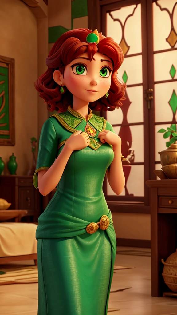Arabic woman, beautiful green eyes, short red hair, a crown in one of her hand