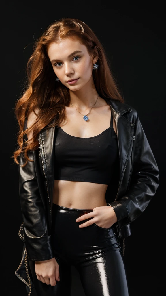 (((Masterpiece))), 25-year-old Caucasian French girl with shoulder-length messy red hair, adorned with crystal glow, blooming hair akin to . Certainly!
he is holding in arm a box, wearing a black leather jacket, yellow top, black leggings, black background