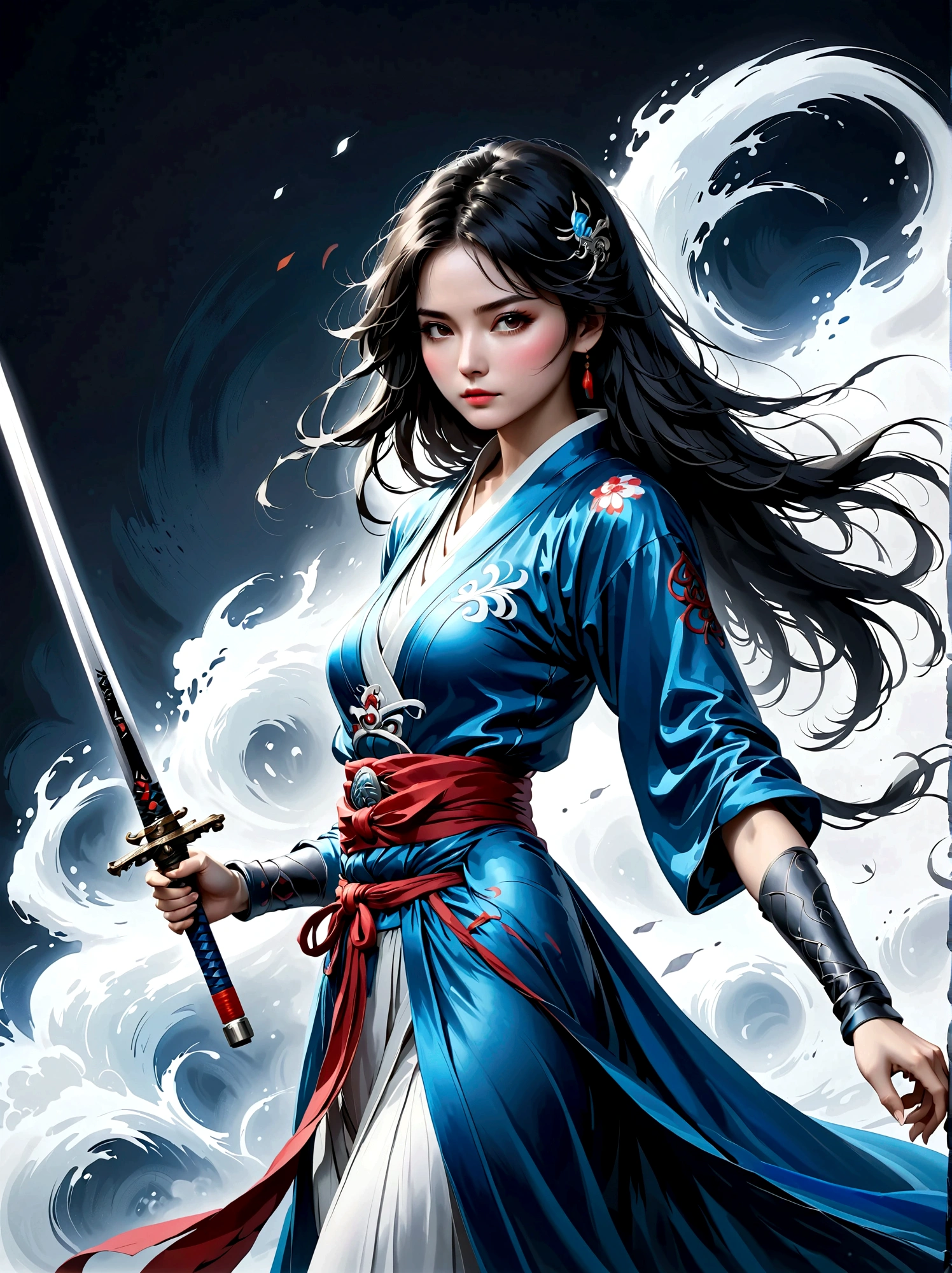 Artistic ink painting,Three-dimensional ink painting,Minimalism,Minimalist graphics,Minimal Art,Anime girl holding a sword,whole body,Chinese style,antiquity,Ink Painting,Blue robe,Black long hair,Black and white background,古韵White Space,White Space,大面积White Space,Texture Matte,Low saturation,Minimalist composition,Master composition