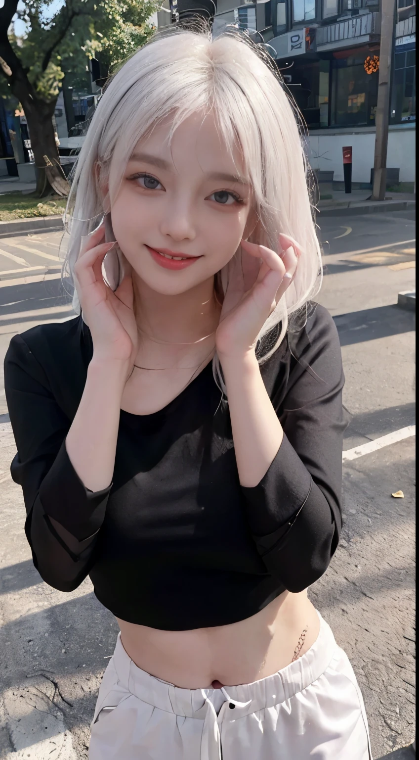 Best image quality、RAW Photos、超A high resolution、21 years old Korean、Small breasts、Dynamic Angle、Cowboy Shot、The most beautiful chaos、elegant、Brutalist Design、Vibrant colors、Beautiful white hair、Short Bob、smile、fun、smile、Glowing White Skin、Beautiful eyes with random colors、Very thin lips、Beautiful eyes in every detail、 Narrow eyes、Cheeks are pale pink、Eyelash length、Beautiful double eyelids、eye shadow、Bright white hair、Black cropped top、Lightweight see-through jacket、transparent、Harem pants、Large park、Cafe、Photographed from diagonally above、Selfie、The wind is blowing、Hair fluttering、Hand gestures