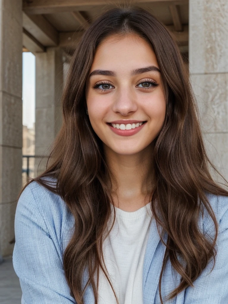 one cute women, 20YO, white, Arab, cute face, realistic brown eyes, blue jacket, brown hair, cute smile, skinny face, white realistic teethes, big eyes, long hair