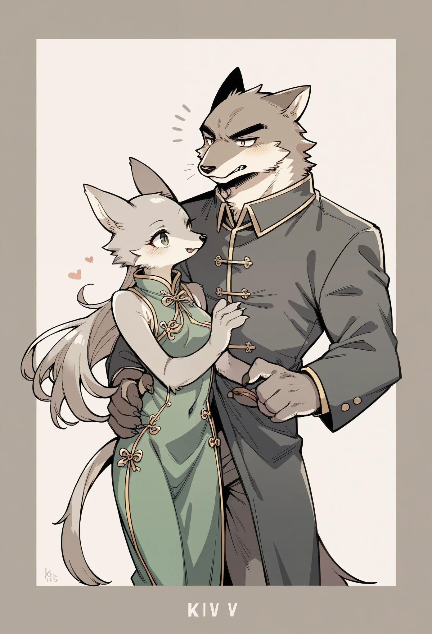 movie poster, movie artwork, concept art of love, romance novel cover, highres, top quality, best quality, perfect artwork, absurdres, perfect anatomy(couple, young 1male detective, 1woman in Chinese dress)(furry, kemono, anthro))with some elements of 007, battle,