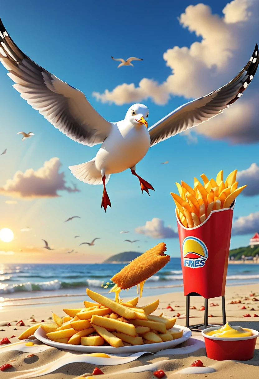 ((well-defined cartoon style:1.4)), ((a seagull stealing fries from a person on the beach, flying with the fries in its beak, funny satirical image:1.5)), ((cartoon of the 90;1,41)), colorful, vibrant colors, bright lighting, detailed character design, whimsical, imaginative, (best quality, 4k, 8k, high resolution, Masterpiece:1.2), ultra detailed, (realistic, photorealistic, photorealistic : 1.37), highly detailed, dynamic composition, 3D rendering, 8k, studio lighting, sharp focus, vivid colors, magical realism