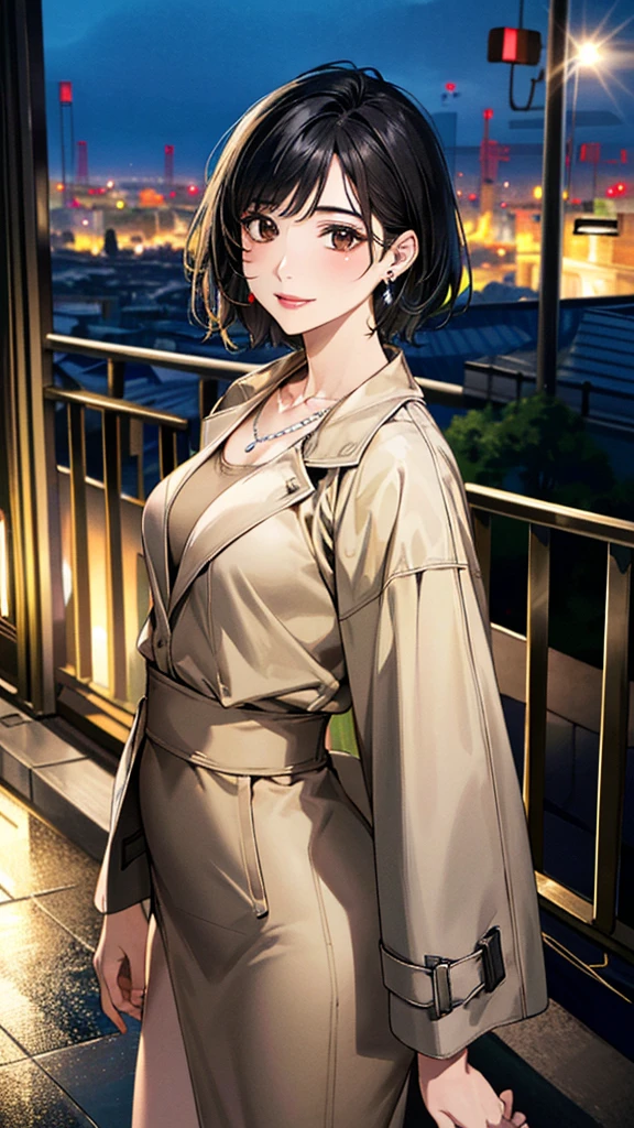 (masterpiece:1.3, Highest quality, Ultra-high resolution, Super detailed), (Realistic, photoRealistic:1.4), Beautiful illustrations, (Natural Side Lighting, Cinema Lighting), colorful, Depth of written boundary,
Beautiful detailed hair, Beautifully detailed face, Beautiful fine details, Beautiful clavicle, Beautiful body, 美しいLarge Breasts, Beautiful thighs, Beautiful feet, Beautiful fingers,
View Viewer、Front view:0.8, Beauty1人, Japanese, Beauty、30 years old, Perfect Face, (Perfect Anatomy, Anatomically correct), Cute and symmetrical face, Baby Face, , Shiny skin,
((Open Court、Beige trench coat 1.4)), (Long skirt 1.5)
(Black Hair, Short Hair:1.4), Dark brown eyes, Large Breasts, Slim body,
necklace, (Small earrings:1.3),
(Beautiful views), (night), (city, cityscape in the distance), Standing with good posture, A soft smile、(Smile, Lips parted),