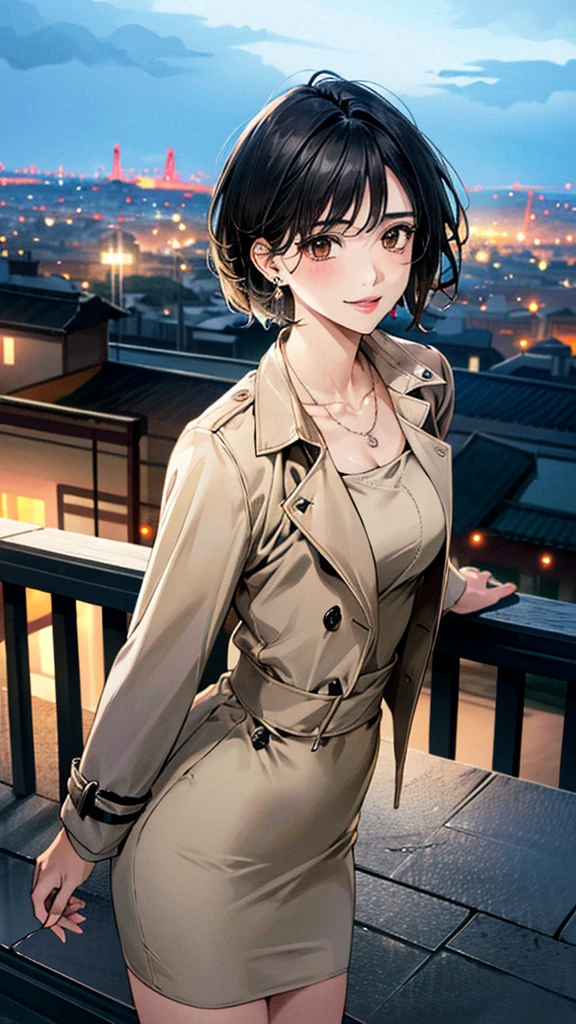 (masterpiece:1.3, Highest quality, Ultra-high resolution, Super detailed), (Realistic, photoRealistic:1.4), Beautiful illustrations,  (Natural Side Lighting, Cinema Lighting), colorful, Depth of written boundary, 
Beautiful detailed hair, Beautifully detailed face, Beautiful fine details, Beautiful clavicle, Beautiful body, 美しいLarge Breasts, Beautiful thighs, Beautiful feet, Beautiful fingers, 
View Viewer、Front view:0.8, Beauty1人, Japanese, Beauty、30 years old, Perfect Face, (Perfect Anatomy, Anatomically correct), Cute and symmetrical face, , , Shiny skin, 
((Open Court、Beige trench coat 1.4)), (Long skirt 1.5)
(Black Hair, Short Hair:1.4),  Dark brown eyes, Large Breasts, Slim body, 
necklace, (Small earrings:1.3), 
(Beautiful views), (night), (city, cityscape in the distance), Standing with good posture, A soft smile、(Smile, Lips parted), 