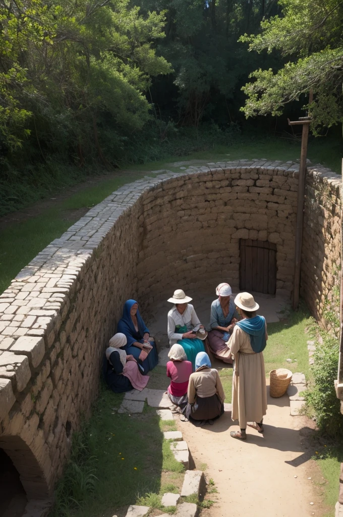 group of people around a well