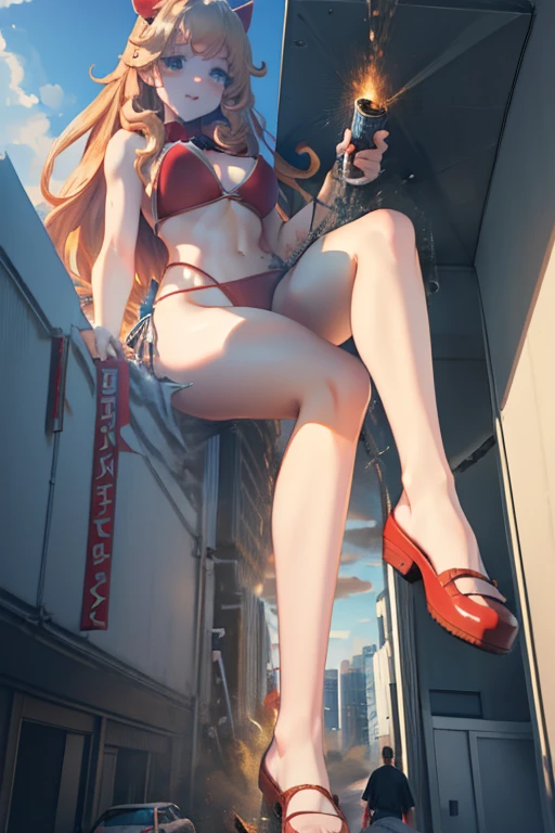 GTS, giantess, Giant Girl 50,000 km high,Have a pair of long legs,very long legs, Have a pair of huge breasts,Wearing a red bikini,Waist length blonde hair,Loose hair,Wear a pair of Mary Janes,Blonde curly hair,full of enjoyment,Stand still in a crowded city, vandalism,It seems to be an invincible existence,beautiful appearance,Sophisticated makeup,quality,8K,High quality,(Governor:1.5),Perfect proportion, theater lighting,film grain,Fuji Colors,8K,textured skin,Super detailed,high detail,high quality,High resolution,Fake laugh,morning,Perfect body ,Full body image