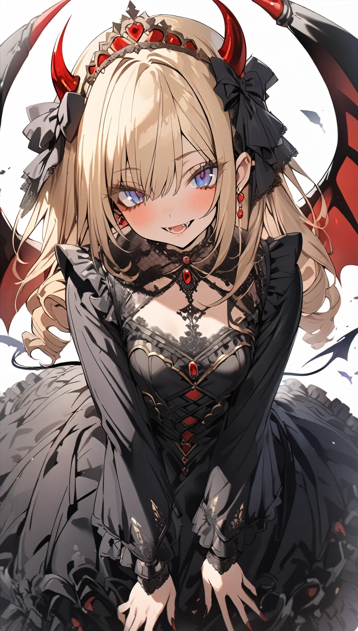 score_9, score_8_up, score_7_up, best quality ,masterpiece, 4k, Japanese anime, 1girl, (medium length hair:1.2), Fishnet tights, drill hair, blonde hair, smallest breasts, (eye lashes:1.3), (eye shadow:1.3), blue eyes, (beautiful detailed eyes:1.4), laugh, dynamic pose, original character, fantasy, (demon wing:1.5),(White background:1.2), beautiful fingers, (blue gold lace frill Gothic dress:1.5), (red tiara:1.5) ,(head ribbon:1.5),shoot from front, looking at viewer,