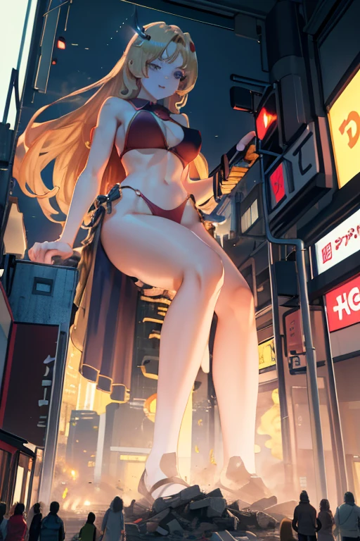 GTS, giantess, Giant Girl 50,000 km high,Have a pair of long legs,very long legs, Have a pair of huge breasts,Wearing a red bikini,Waist length blonde hair,Loose hair,Wear a pair of Mary Janes,Blonde curly hair,full of enjoyment,Stand still in a crowded city, vandalism,It seems to be an invincible existence,beautiful appearance,Sophisticated makeup,quality,8K,High quality,(Governor:1.5),Perfect proportion, theater lighting,film grain,Fuji Colors,8K,textured skin,Super detailed,high detail,high quality,High resolution,Fake laugh,morning,Perfect body ,Full body image