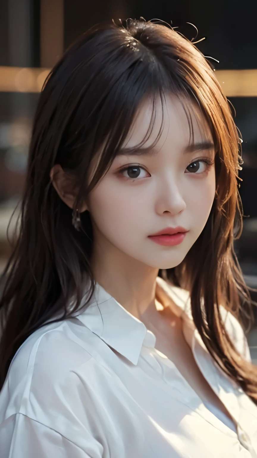 ((best quality, 8K, table top :1.3)), (realistic, realistic:1.4), raw photo, highest resolution, ((top quality、masterpiece:1.3))、sharp focus:1.2、Beautiful woman with perfect style:1.4、Huge And Fragile Longest Saggy, (In a proper way、I sweated、Shiny, moist skin), Long-sleeve white silk button shirt