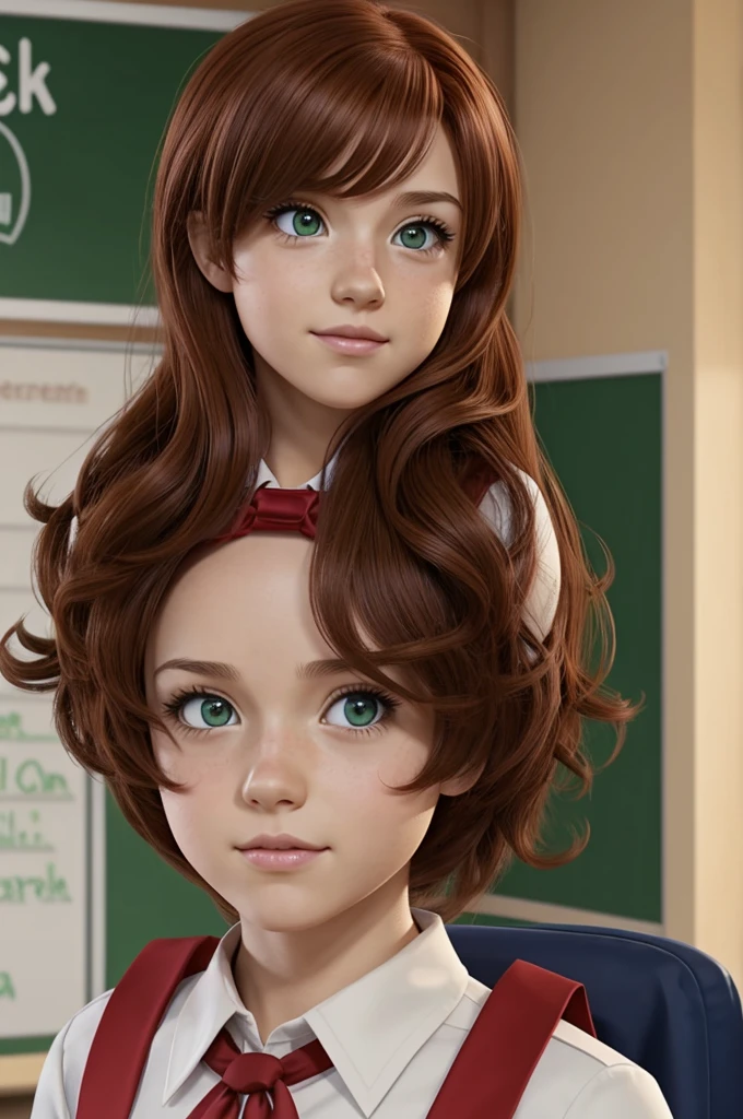 Screenshot of Boku no hero academia curly girl reddish brown hair green eyes a red ribbon in her hair she wears the UA uniform and the background scene is that she is in the class with the other characters like deku,bakuhou y shoto