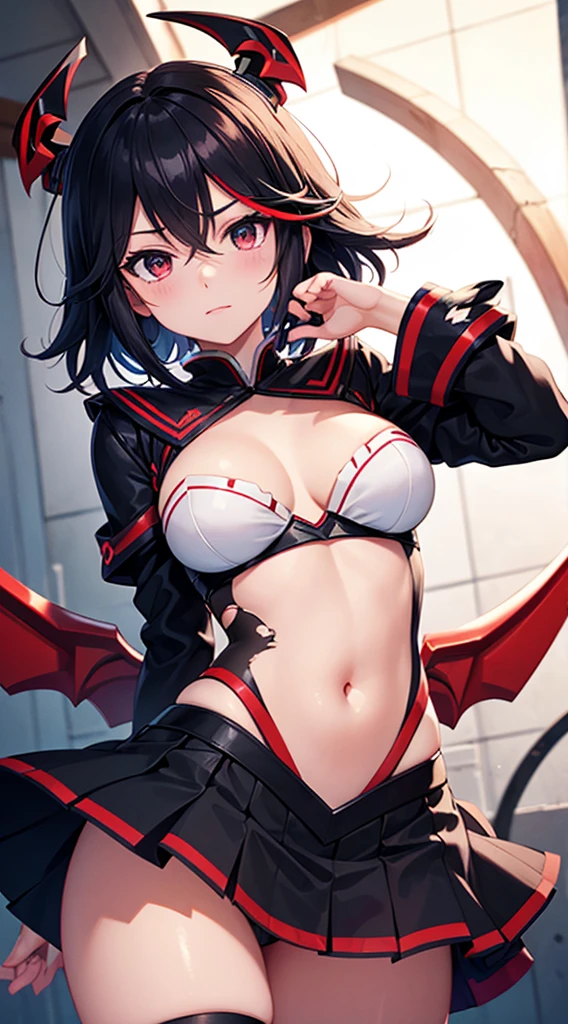 beautiful, masterpiece, Highest quality, Highly detailed face, Perfect lighting,One girl, alone, matoi ryuuko, Seraph of the Black, Black Skirt, Redhead, senketsu, Torn clothes, Underbust