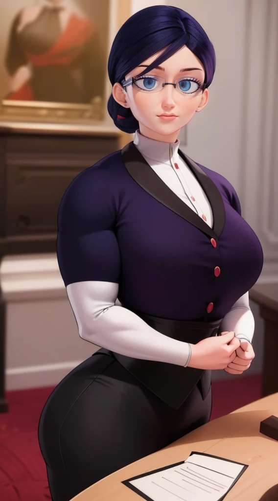 (masterpiece, best quality:1.2), 1girl, solo,Create a detailed illustration of Natalie Sancoeur from 'Miraculous Ladybug.' She is depicted in her usual professional attire, with a stern and composed expression. The background should be set in the Agreste mansion, showcasing elements like elegant furniture and a grand staircase, reflecting the opulent setting. Emphasize her poised and meticulous nature, highlighting her distinctive glasses and neatly tied hair. The overall mood should be serious and sophisticated, capturing her role as a competent and loyal assistant.,a big muscular female bodybuilder, muscular female body, detailed face, beautiful detailed eyes, beautiful detailed lips, extremely detailed eyes and face, long eyelashes, muscular body, athletic pose, serious expression, black hair, corporate attire, office setting, indoor scene, professional, photorealistic, 4k, highres, best quality, ultra-detailed, realistic