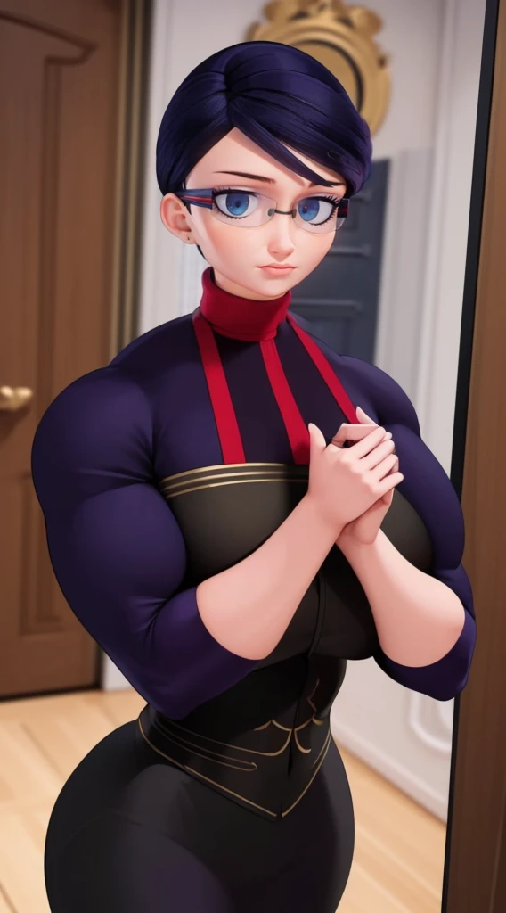 (masterpiece, best quality:1.2), 1girl, solo,Create a detailed illustration of Natalie Sancoeur from 'Miraculous Ladybug.' She is depicted in her usual professional attire, with a stern and composed expression. The background should be set in the Agreste mansion, showcasing elements like elegant furniture and a grand staircase, reflecting the opulent setting. Emphasize her poised and meticulous nature, highlighting her distinctive glasses and neatly tied hair. The overall mood should be serious and sophisticated, capturing her role as a competent and loyal assistant.,a big muscular female bodybuilder, muscular female body, detailed face, beautiful detailed eyes, beautiful detailed lips, extremely detailed eyes and face, long eyelashes, muscular body, athletic pose, serious expression, black hair, corporate attire, office setting, indoor scene, professional, photorealistic, 4k, highres, best quality, ultra-detailed, realistic