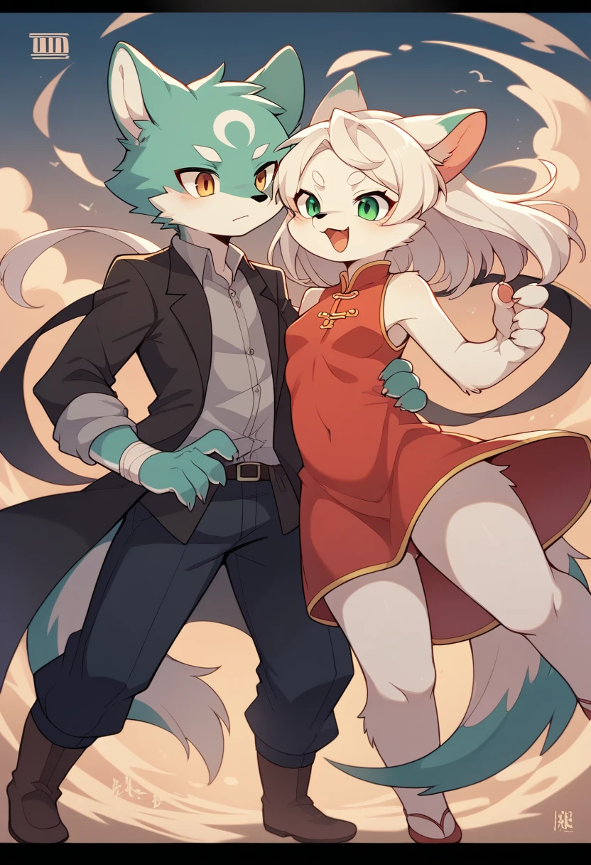 movie poster, movie artwork, concept art of love, romance novel cover, highres, top quality, best quality, perfect artwork, absurdres, perfect anatomy(couple, young 1male detective, 1woman in Chinese dress)(furry, kemono, anthro))with some elements of 007, battle,