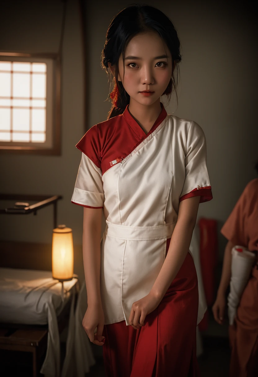 a beautiful young myanmar nurse in red longyi and white blouse, walking in hospital patients dormitory, cinematic lighting, highly detailed, photorealistic, 8k, masterpiece, intricate details, dramatic colors, moody atmosphere, warm tones