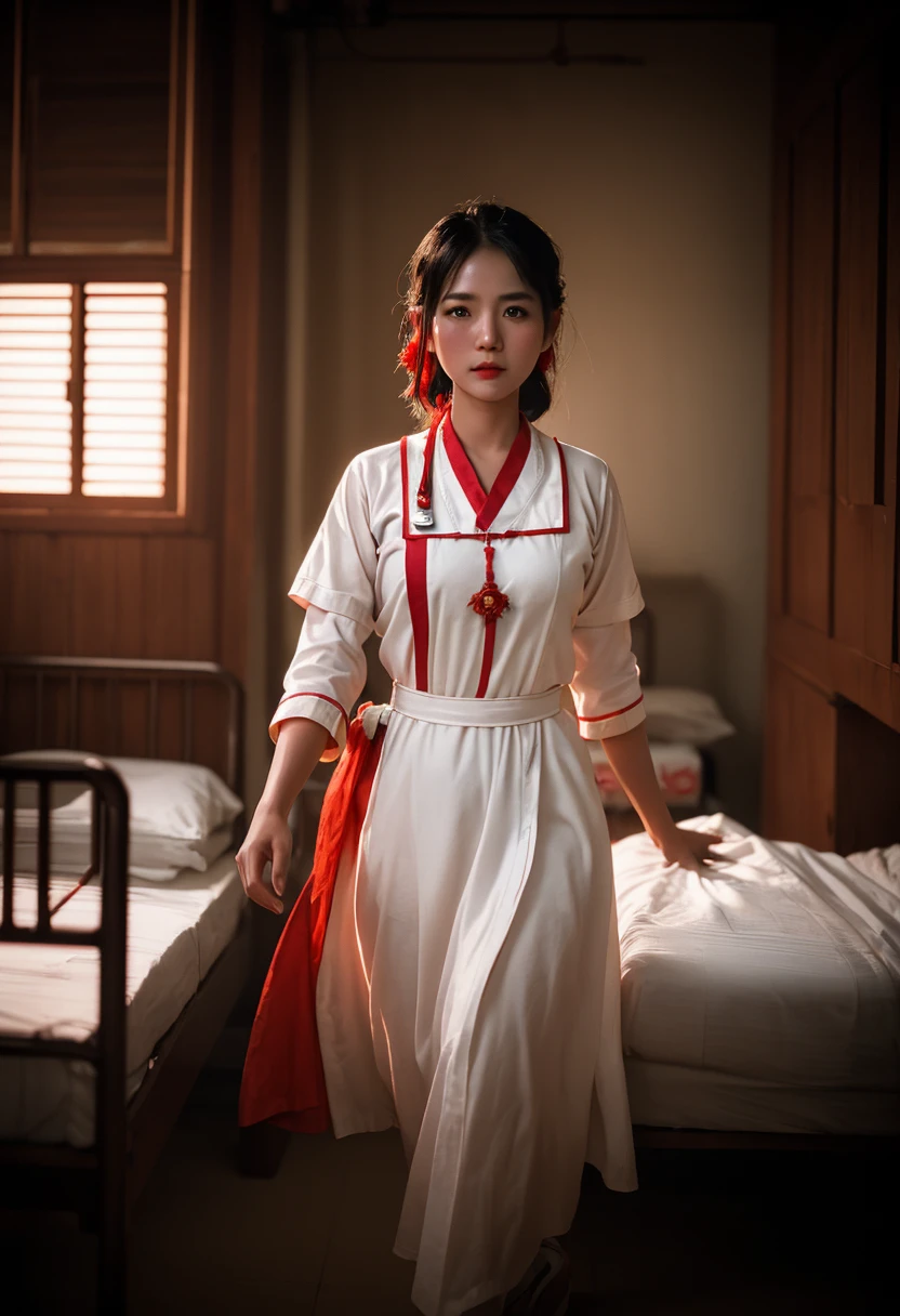 a beautiful young myanmar nurse in red longyi and white blouse, walking in hospital patients dormitory, cinematic lighting, highly detailed, photorealistic, 8k, masterpiece, intricate details, dramatic colors, moody atmosphere, warm tones