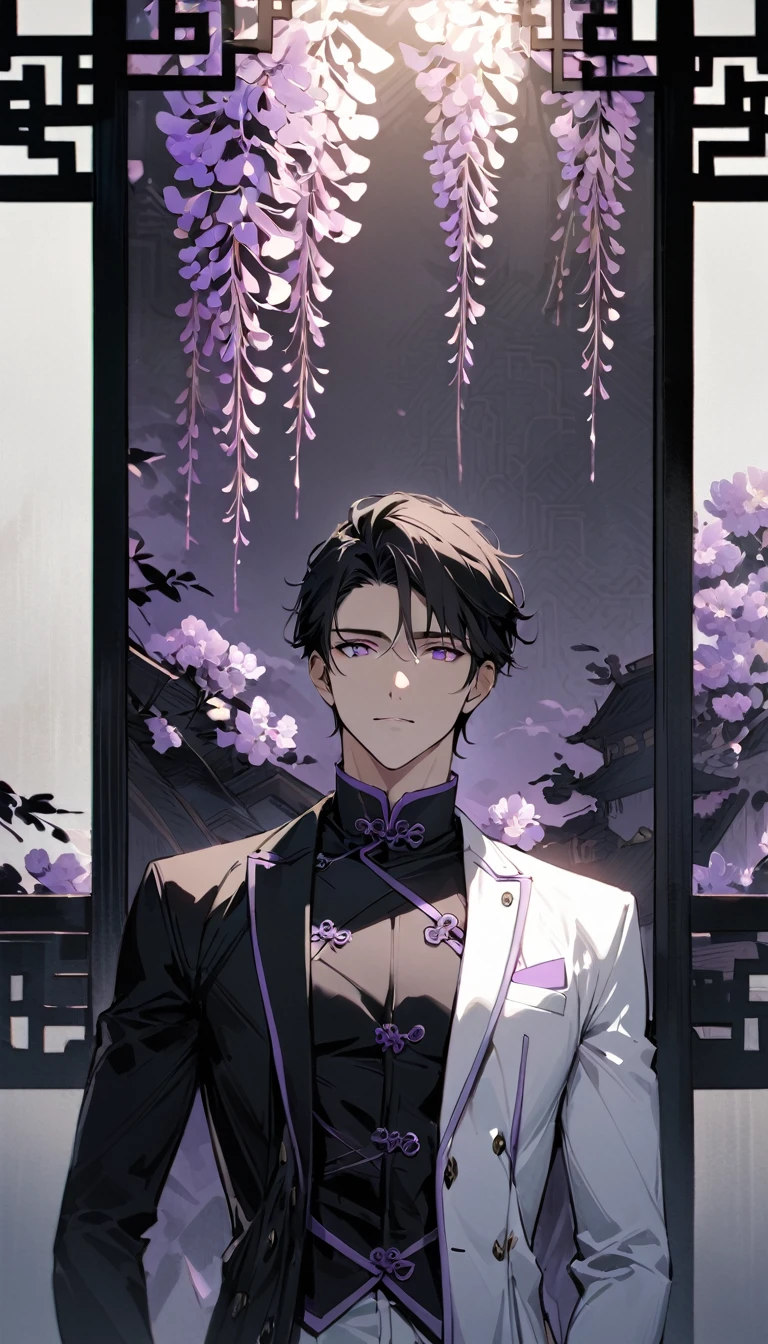 (masterpiece:1.5),best quality,(1 Handsome and calm man),alone,black short hair,(purple eyes), (soft expression),perfect face,Fantasy Chinese style,Long black trench coat,white and purple cloth,Complex clothing design with Chinese elements,Black leather gloves,white lining,White suit pants,Slightly muscular body,High,8K,Beautiful contrast of light and shadow,purple flowers,Wisteria flowers,(complete upper body),Positive face,((luxury screen)),Chinese style palace background