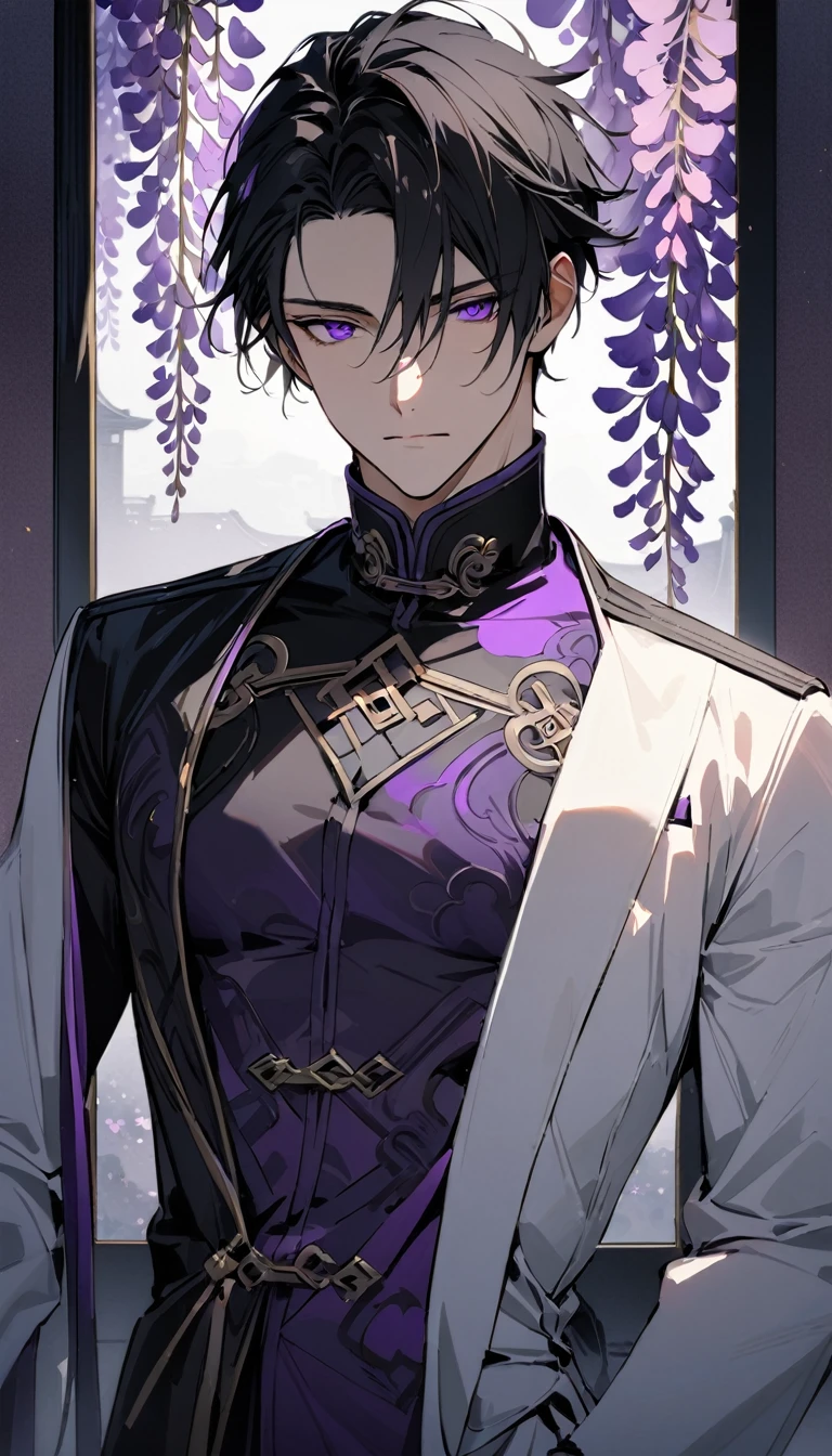 (masterpiece:1.5)，best quality，(1 Handsome and calm man)，alone，black short hair，(purple eyes), (soft expression)，perfect face，Fantasy Chinese style，Long black trench coat，white and purple cloth，Complex clothing design with Chinese elements，Black leather gloves，white lining，White suit pants，Slightly muscular body，High，8K，Beautiful contrast of light and shadow，purple flowers，Wisteria flowers，(complete upper body)，Positive face，((luxury screen))，Chinese style palace background