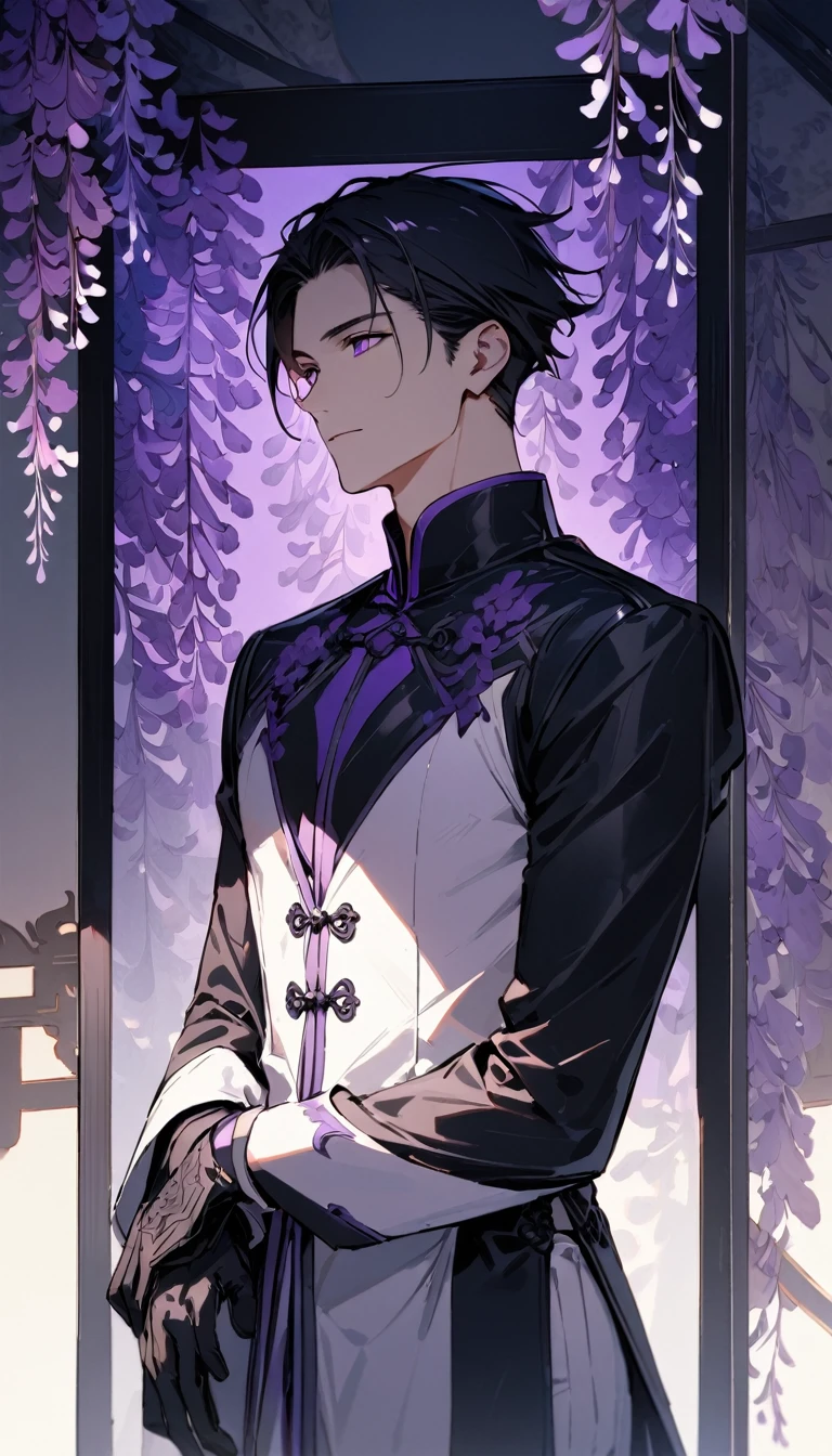 (masterpiece:1.5),best quality,(1 Handsome and calm man),alone,black short hair,(purple eyes), (soft expression),perfect face,Fantasy Chinese style,Long black trench coat,white and purple cloth,Complex clothing design with Chinese elements,Black leather gloves,white lining,White suit pants,Slightly muscular body,High,8K,Beautiful contrast of light and shadow,purple flowers,Wisteria flowers,(complete upper body),Positive face,((luxury screen)),Chinese style palace background