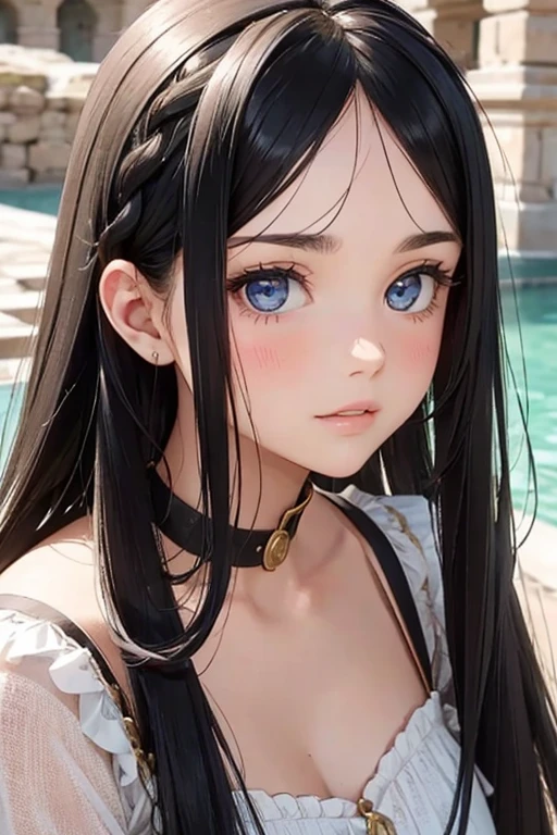 girl's face with Mediterranean features, ancient Roman hair, black hair