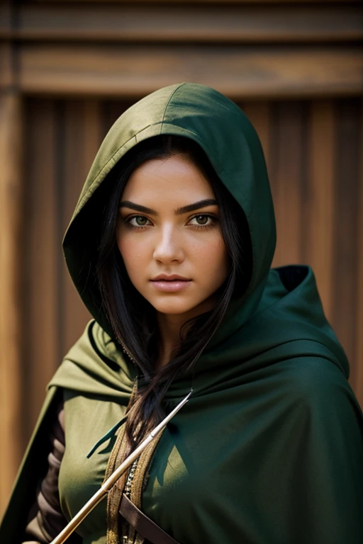 Hunter, female faces us, jet-black hair covered with the hood of her green medieval cloak, bow held in her left hand arrow pulled back with her right hand, an intense focus in her stare down the arrow shaft, longbow facing viewer, arrow top closest to viewer, 