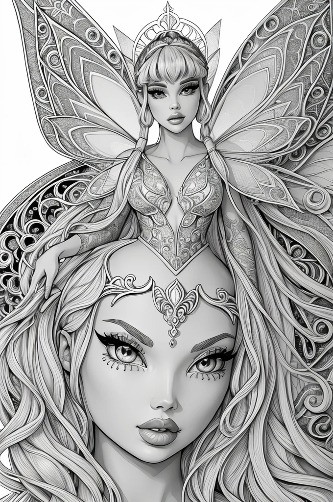 A sexy fairy, clean line art, printable black and white adult coloring page, detailed fairy face, beautiful detailed eyes, beautiful detailed lips, delicate fairy features, intricate fairy wings, ornate fairy dress, fantasy fairy character, whimsical fairy illustration, elegant fairy pose, ethereal fairy atmosphere, high contrast black and white, minimalist line art, simple coloring page design, adult coloring book style, printable digital download, hand-drawn fairy artwork, detailed line work, high quality digital illustration