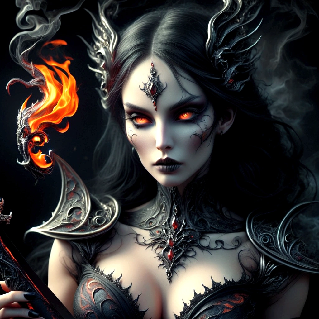 arafed woman with a sword and a flame in her hand, dark fantasy style art, gothic fantasy art, fantasy dark art, detailed fantasy digital art, dark fantasy art, in style of dark fantasy art, beautiful elegant demon queen, dark fantasy digital art, epic fantasy digital art style, epic fantasy art style hd, dark but detailed digital art, fantasy art behance