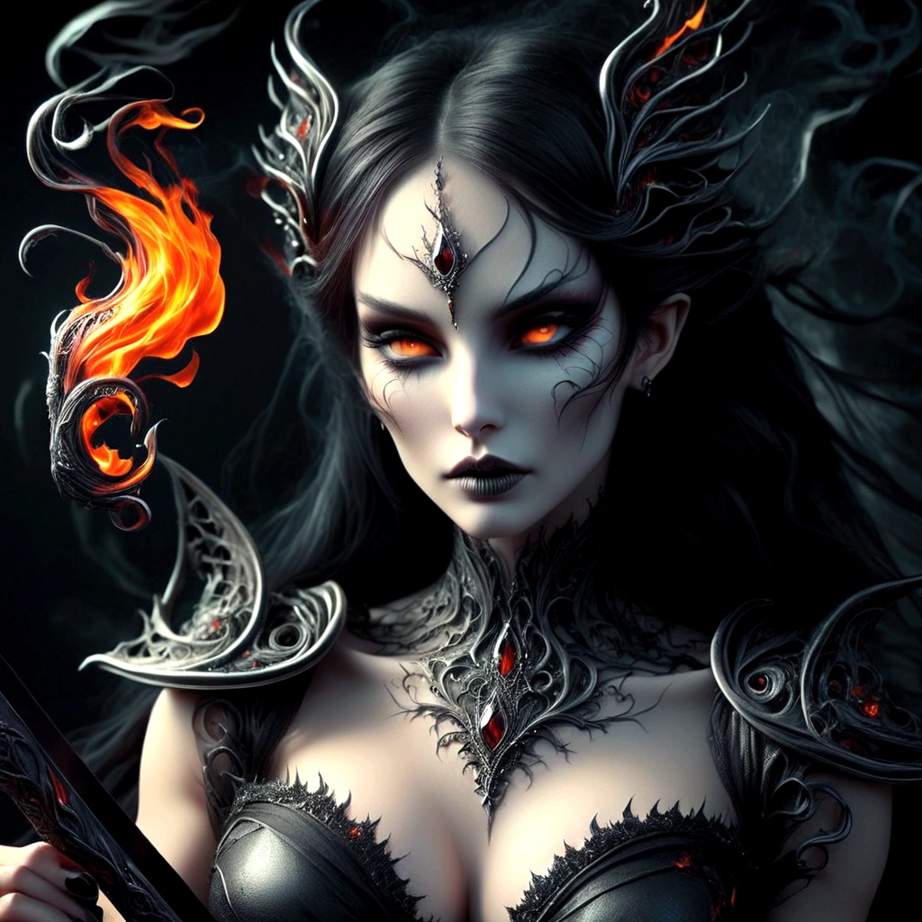 arafed woman with a sword and a flame in her hand, dark fantasy style art, gothic fantasy art, fantasy dark art, detailed fantasy digital art, dark fantasy art, in style of dark fantasy art, beautiful elegant demon queen, dark fantasy digital art, epic fantasy digital art style, epic fantasy art style hd, dark but detailed digital art, fantasy art behance