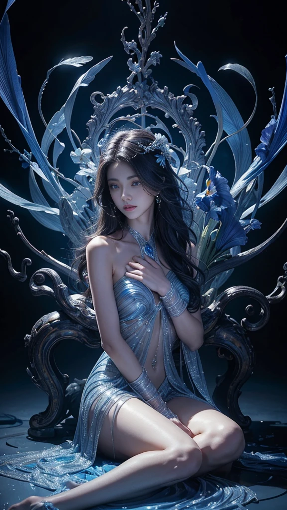 Full figure, seven -clinging shooting, 18 years old, wearing transparent science fiction clothes, exquisite faces, details, hands, ultimate details, amazing magnificence, LED internal lighting, Pedaipan style, fiber hair, glowing blue iris, glowing blue iris, sitting,