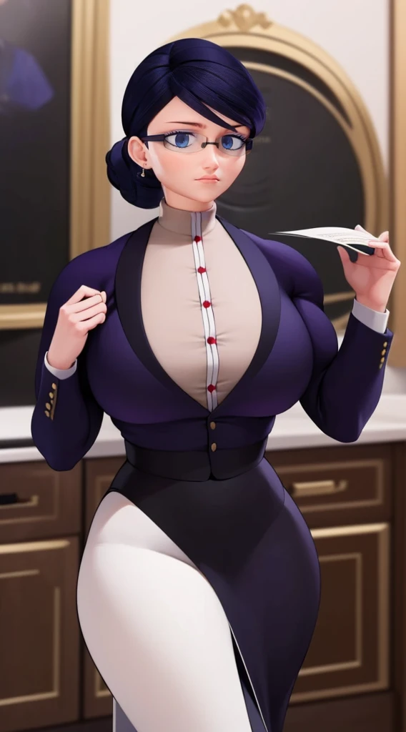 (masterpiece, best quality:1.2), 1girl, solo,Create a detailed illustration of Natalie Sancoeur from 'Miraculous Ladybug.' She is depicted in her usual professional attire, with a stern and composed expression. The background should be set in the Agreste mansion, showcasing elements like elegant furniture and a grand staircase, reflecting the opulent setting. Emphasize her poised and meticulous nature, highlighting her distinctive glasses and neatly tied hair. The overall mood should be serious and sophisticated, capturing her role as a competent and loyal assistant.,a big muscular female bodybuilder, muscular female body, detailed face, beautiful detailed eyes, beautiful detailed lips, extremely detailed eyes and face, long eyelashes, muscular body, athletic pose, serious expression, black hair, corporate attire, office setting, indoor scene, professional, photorealistic, 4k, highres, best quality, ultra-detailed, realistic