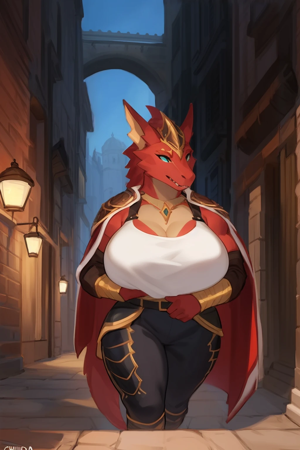 Solo, female, standing, ((muscular, giant, tall, massive, enormous, gigantic, huge, buff, muscular, biceps)), big breasts, red alligator, large head, big jaws, By bebebebebe, by buta99, by chunie, by sonsasu, by danza, alleyway, red skin, baggy cargo pants, loose tank top, cleavage, sideboob, cloak, pullove, coat,(icone de um jogo), (icone de peitoral : 1.5), um peitoral , peitoral marrom, chest plate, peitoral pesada marrom, peitoral grosso, peitoral de Armadura intrincada, peitoral de armadura de fantasia pesada, peitoral detalhado, armadura ornamentada, peitoral de Armadura Paladina, peitoral dearmadura de batalha, intrincada peitoral armadura ornamentada, armadura pesada do peitoral, peitoral armadura de fantasia, peitoral armadura volumosa, armadura pesada, Magic leather armor breastplate, intricate legendary armor, gladiator sandals