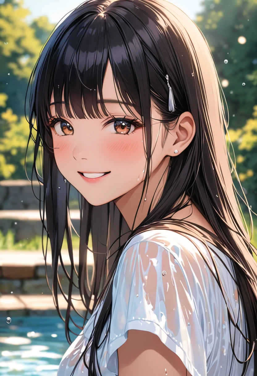 (masterpiece, best quality:1.6), cute eyes, beautiful eyes, ultra detailed face, beautiful face, raw photo, incredibly absurdres, backlighting, highres, sharp focus, highest detailed,
BREAK 1girl, long hair, black hair, straight hair, blunt bangs, smile, close eyes, open mouth,
wearing wet clothes,
BREAK from side, cowboy shot,