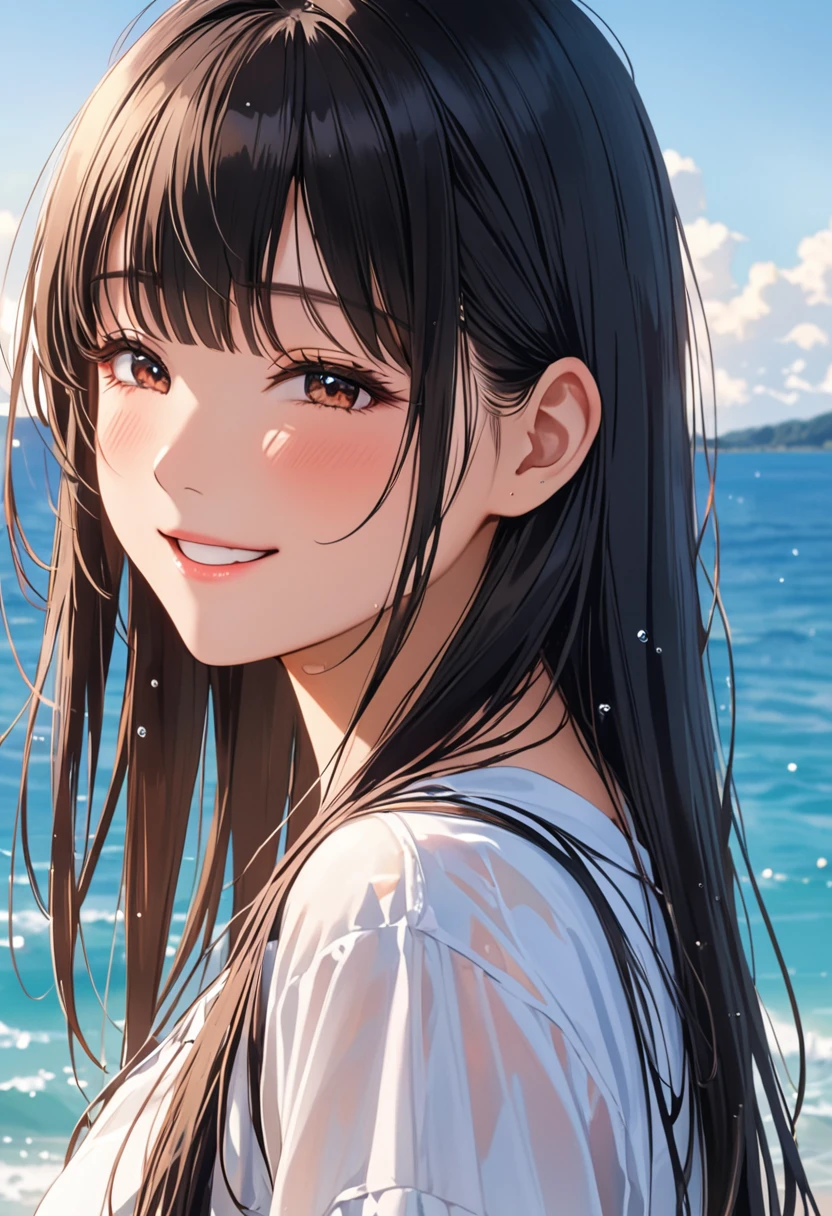 (masterpiece, best quality:1.6), cute eyes, beautiful eyes, ultra detailed face, beautiful face, raw photo, incredibly absurdres, backlighting, highres, sharp focus, highest detailed,
BREAK 1girl, long hair, black hair, straight hair, blunt bangs, smile, close eyes, open mouth,
wearing wet clothes,
BREAK from side, cowboy shot,