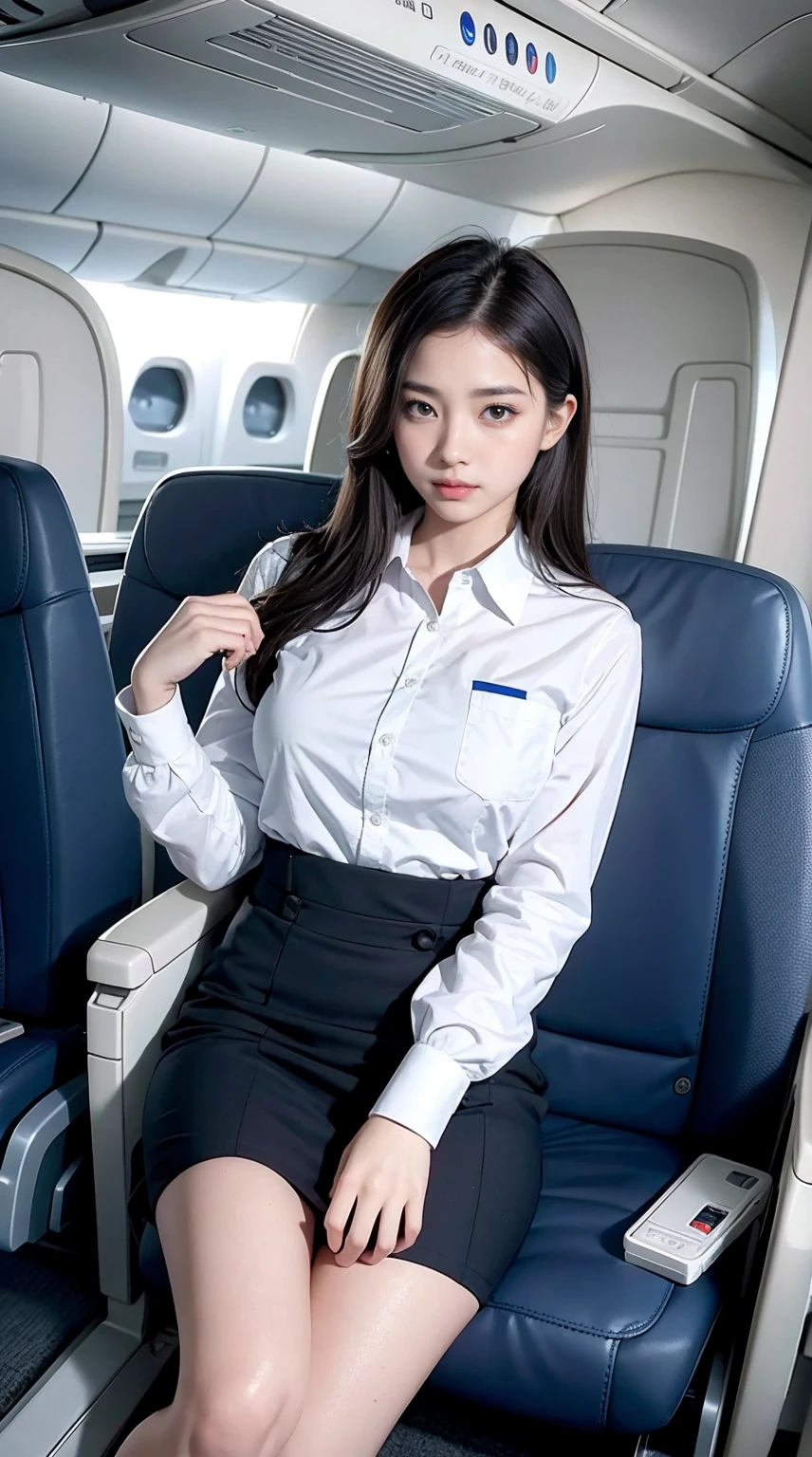 top quality, masterpiece, 8K, ultra high definition, (realistic: 1.4), 1 girl, beautiful face, symmetrical eyes, big, perfect body proportions, stewardess uniform, The beholder's gaze, (inside the airplane: 1.2), front view, shoulder jump, absolute area (1.3),