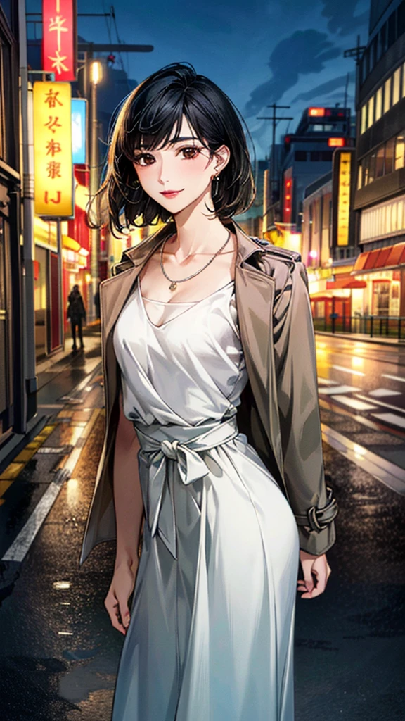 (masterpiece:1.3, Highest quality, Ultra-high resolution, Super detailed), (Realistic, photoRealistic:1.4), Beautiful illustrations, (Natural Side Lighting, Cinema Lighting), colorful, Depth of written boundary,
Beautiful detailed hair, Beautifully detailed face, Beautiful fine details, Beautiful clavicle, Beautiful body, 美しいLarge Breasts, Beautiful thighs, Beautiful feet, Beautiful fingers,
View Viewer、Front view:0.8, Beauty1人, Japanese, Beauty、30 years old, Perfect Face, (Perfect Anatomy, Anatomically correct), Cute and symmetrical face, Baby Face, , Shiny skin,
((Open Court、Trench coat 1.4)), (Long skirt 1.5)
(Black Hair, Short Hair:1.4), Dark brown eyes, Large Breasts, Slim body,
necklace, (Small earrings:1.3),
(Beautiful views), (night), (city, cityscape in the distance), Standing with good posture, A soft smile、(Smile, Lips parted),