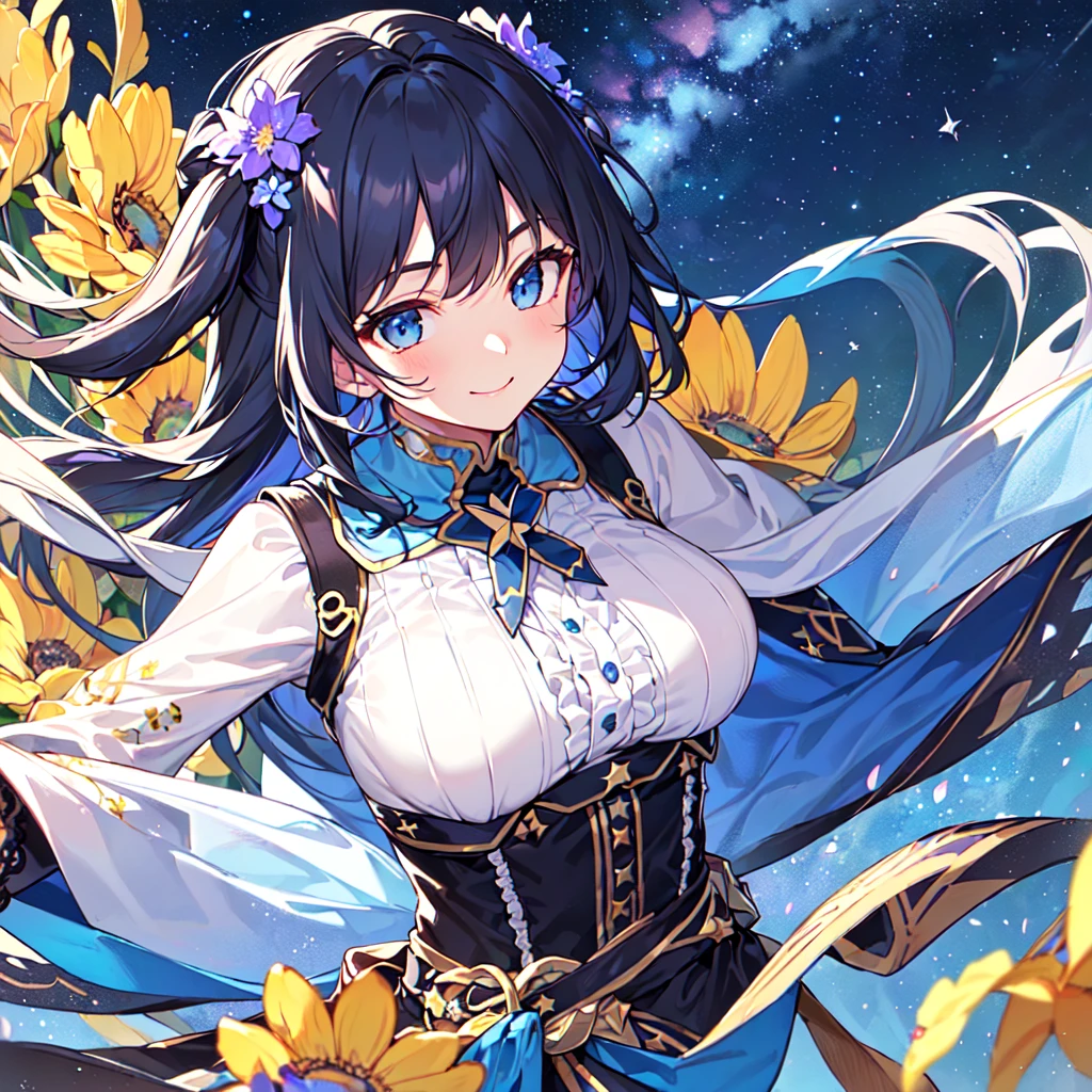MASTERPIECE, best quality, high quality, extremely detailed, very delicate and beautiful, (1 female 18 years old, solo: 1.2), (dark blue hair long, two side up to waist: 1.4), fringes to eyebrows, eyes Sharp eyes, strong glossy glossy eyes, glossy eyebrows, (dark blue eye colour:1.3), 6.5 head height, (southern star flower print fashion:1.3), knee socks, frills, lace, (smiling), (running), (dynamic pose), (background southern star flower field:1.5), ( night sky Milky Way:1.3), (upper body:1.3)
