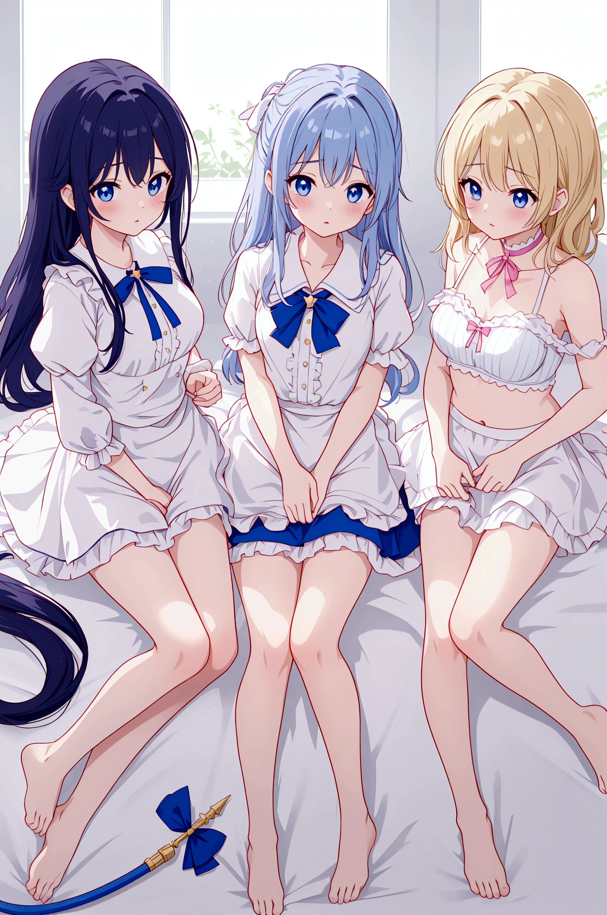 オレンジ色のブラが透けた白無地のTshirt、Plain white with the bra highlightedＴshirt、You can see the chest from the neck、Ultramarine and white striped mini skirt、When you lift up her skirt you can see her cute white frilly underwear.、barefoot、library、Three girls of different heights Magical girl with magic wand