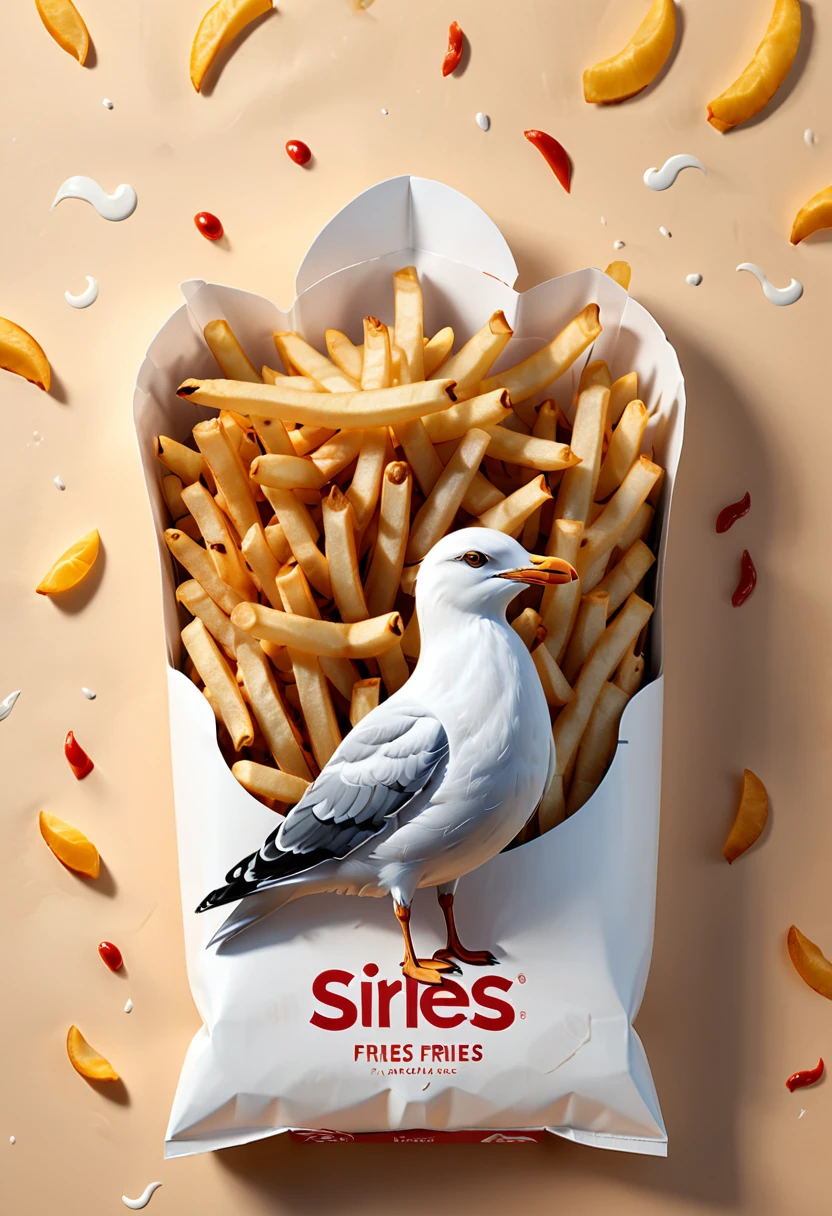 Modern packaging design, Fries packaging, (Seagull shaped Fries, Seagull made of Fries), illustration, restaurant background, HD resolution, simple style, actual, Natural light, (masterpiece, best quality, Professional, perfect composition, very aesthetic, absurdres, ultra-detailed, intricate details:1.3)