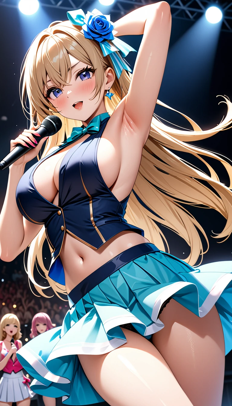 (Masterpiece、Highest quality、Very detailed、4K)、One Woman、、Idol、Big Breasts、navel、Sideboob、skirt、Panties、Thighs、Beautiful armpits