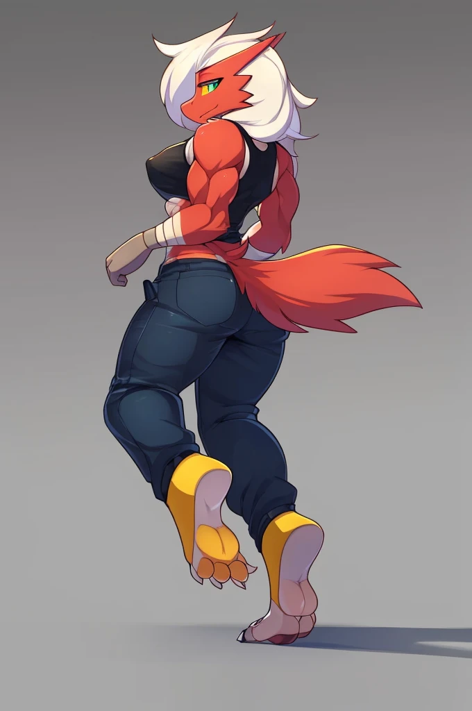 [blaziken], (mayosplash), (wamudraws)], ((masterpiece)), ((HD)), ((solo portrait)), ((back view)), ((furry; anthro)), ((detailed shading)), ((beautiful render art)), ((intricate details)), {anthro; red feathers, red beak, (yellow talon feet), (long white hair), cute teal eyes, (yellow sclera), (half-closed eyes), (medium boobs), (defined muscles), (beautiful feet), (clothing, topwear: tanktop, bottomwear:(pants:black) footwraps, stirrup footwear)),{(standing), (dynamic pose)}