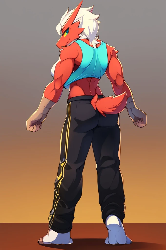 [blaziken], (mayosplash), (wamudraws)], ((masterpiece)), ((HD)), ((solo portrait)), ((back view)), ((furry; anthro)), ((detailed shading)), ((beautiful render art)), ((intricate details)), {anthro; red feathers, red beak, (yellow talon feet), (long white hair), cute teal eyes, (yellow sclera), (half-closed eyes), (medium boobs), (defined muscles), (beautiful feet), (clothing, topwear: tanktop, bottomwear:(pants:black) footwraps, stirrup footwear)),{(standing), (dynamic pose)}