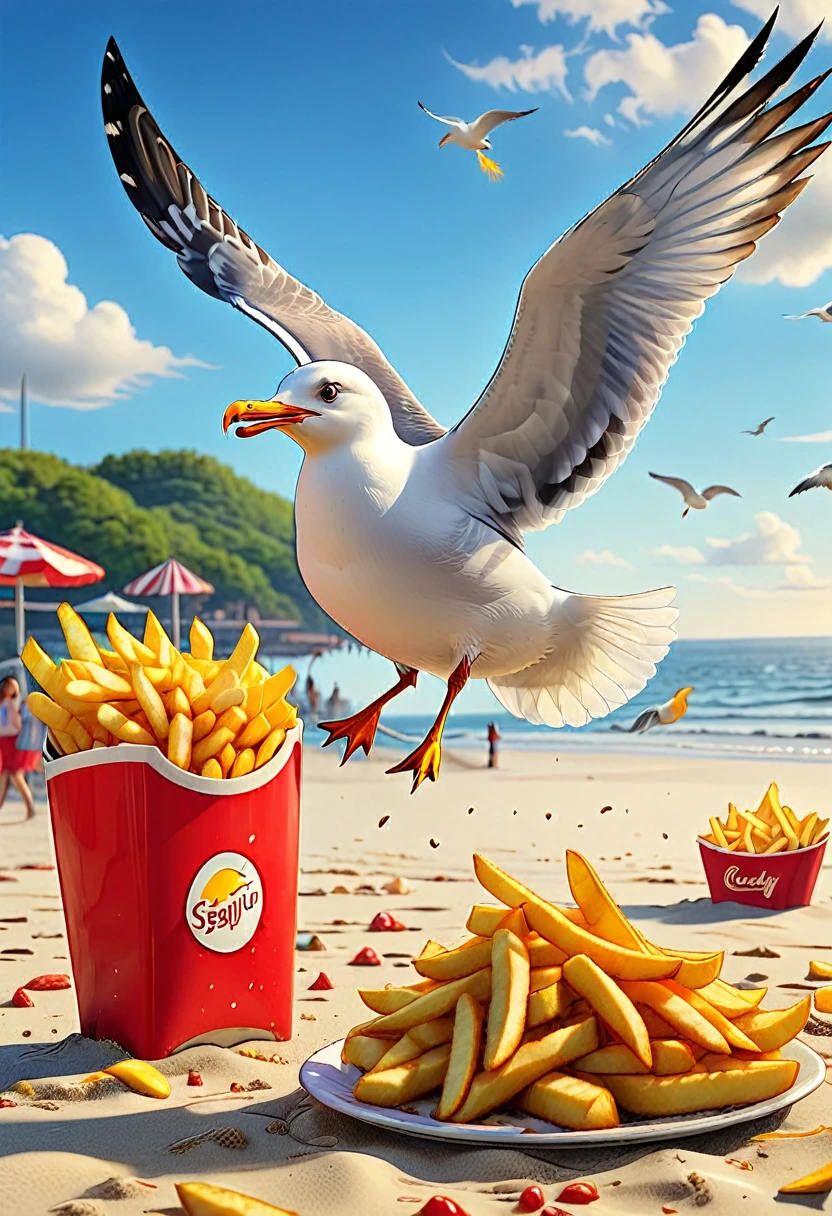 ((well-defined cartoon style:1.4)), ((a seagull stealing fries from a person on the beach, flying with the fries in its beak, funny satirical image:1.5)), ((cartoon of the 90;1,41)), colorful, vibrant colors, bright lighting, detailed character design, whimsical, imaginative, (best quality, 4k, 8k, high resolution, Masterpiece:1.2), ultra detailed, (realistic, photorealistic, photorealistic : 1.37), highly detailed, dynamic composition, 3D rendering, 8k, studio lighting, sharp focus, vivid colors, magical realism