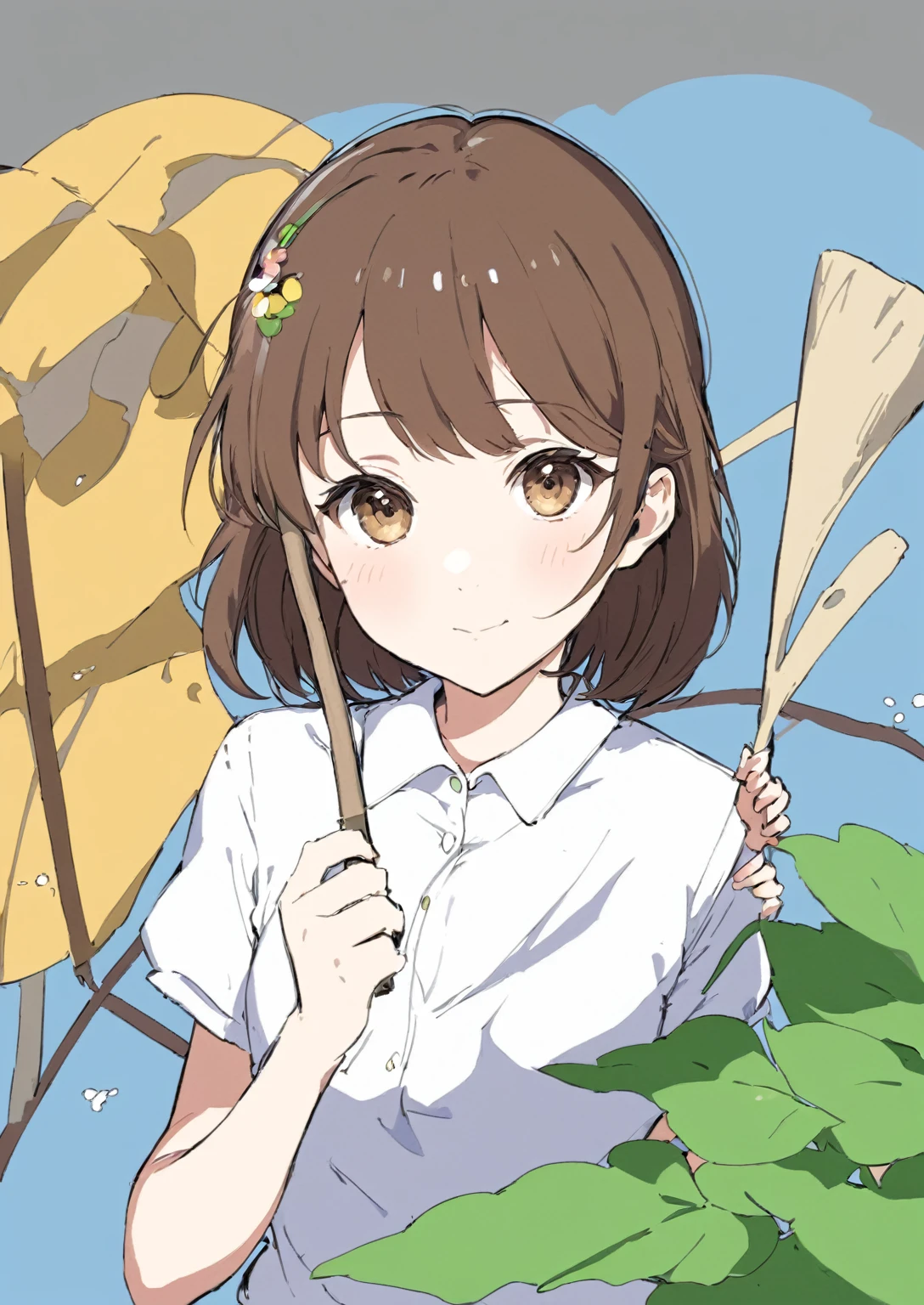 (masterpiece, best quality), anime girl with brown hair and white shirt holding a stick, anime moe artstyle, in an anime style, anime style portrait, in anime style, chihiro! fujisaki, flat anime style shading, subtle anime style, 🤤 girl portrait, iwakura lain, sayori, semirealistic anime style, anime artstyle, by Kamagurka