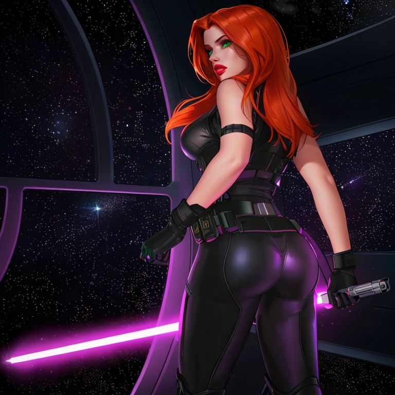 (best quality,8k:1.2,high resolution:1.2), (best quality:1.3), masterpiece, best quality, 8k, artstation, sharp focus, ultra realistic, high details,masterpiece, best quality, high res, detailed, (Detailed face:1.2), (Detailed eyes:1.2), (Perfect figure:1.2),ultra-detailed, volumetric lighting, depth of field, cinematic lighting, Star Wars based environment, extremely detailed face, dramatic pose, dynamic action, glowing lights, neon colors, cinematic lighting, photorealistic, 8k, best quality, masterpiece, vintage science fiction, Star Wars based environment, extremely detailed face, long eyelashes, (Mara Jade), Mara Jade Skywalker, long orange hair, bright green eyes, red lipstick, attractive body, athletic figure, bubble butt. She's looking at the camera with a disgusted and irritated expression, mouth closed, teeth, looking from behind, body facing the window. She's wearing a tight shiny black leather suit, black gloves, gun holster, utility belt and high-heel boots. Upper body shot, back view, ass view. She holding a purple lightsaber. Background: Indoors, space station, window, view of outer space, stars
