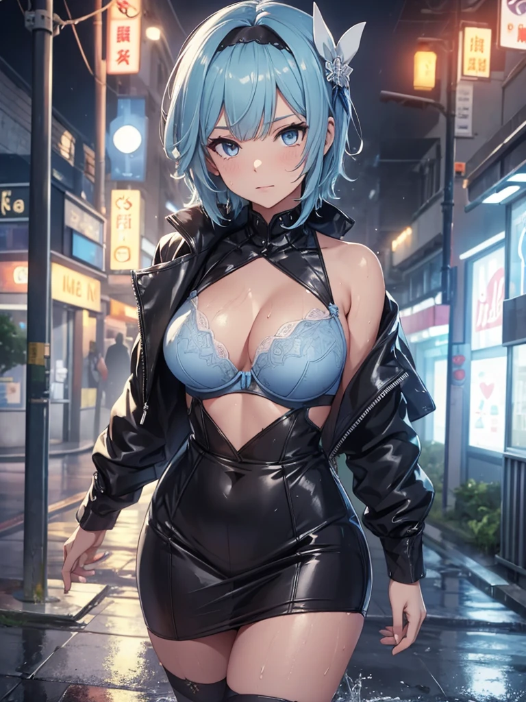 1women, wearing wet frock, wet due to rain, at a street , (bra and panty visible through wet dress), light blue short hair, light blue colour eyes, 8k, high detailed, high quality
