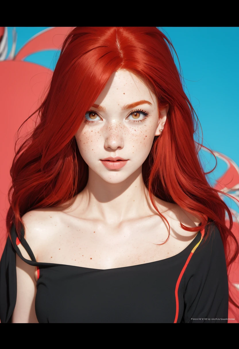 masterpiece, best quality, {best quality}, {{masterpiece}}, {highres}, focus, anime style, a closeup of a cartoon of a woman, girl design, portrait, giesha, anime image, long hair, red hair, redhead, straight eyes, polished and powerful look, exotic, tall, freckles, cheerful, casual chic clothing, colorful, colors