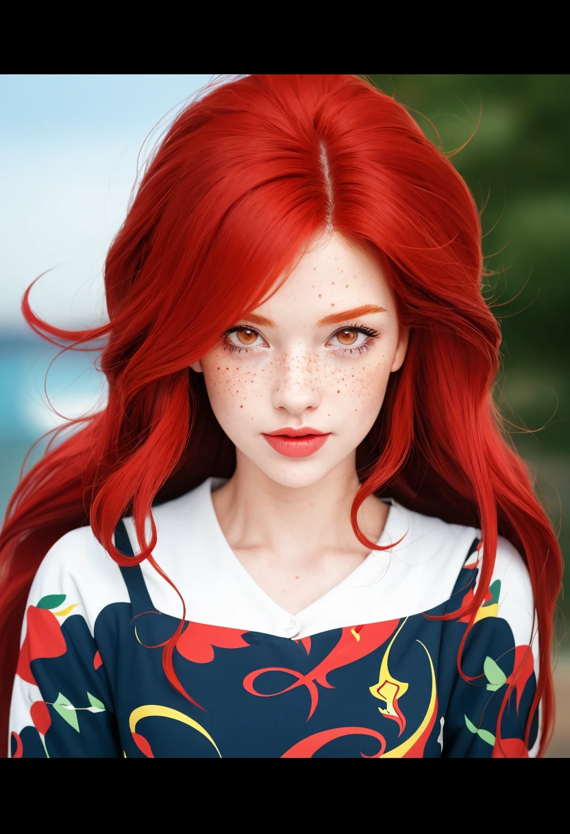 masterpiece, best quality, {best quality}, {{masterpiece}}, {highres}, focus, anime style, a closeup of a cartoon of a woman, girl design, portrait, giesha, anime image, long hair, red hair, redhead, straight eyes, polished and powerful look, exotic, tall, freckles, cheerful, casual chic clothing, colorful, colors  