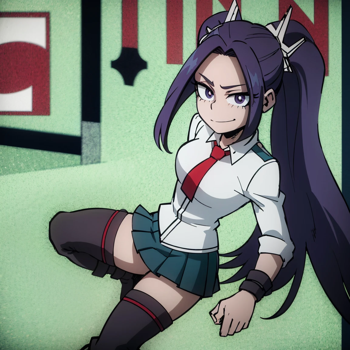 1girl, female focus, aria blaze, boku no hero academia, masterpiece, best quality, very aesthetic, absurdres, twintails hair, purple hair, lavender eyes, smirk, gray jacket, red tie, white shirt, teal skirt, gray tights, boots 